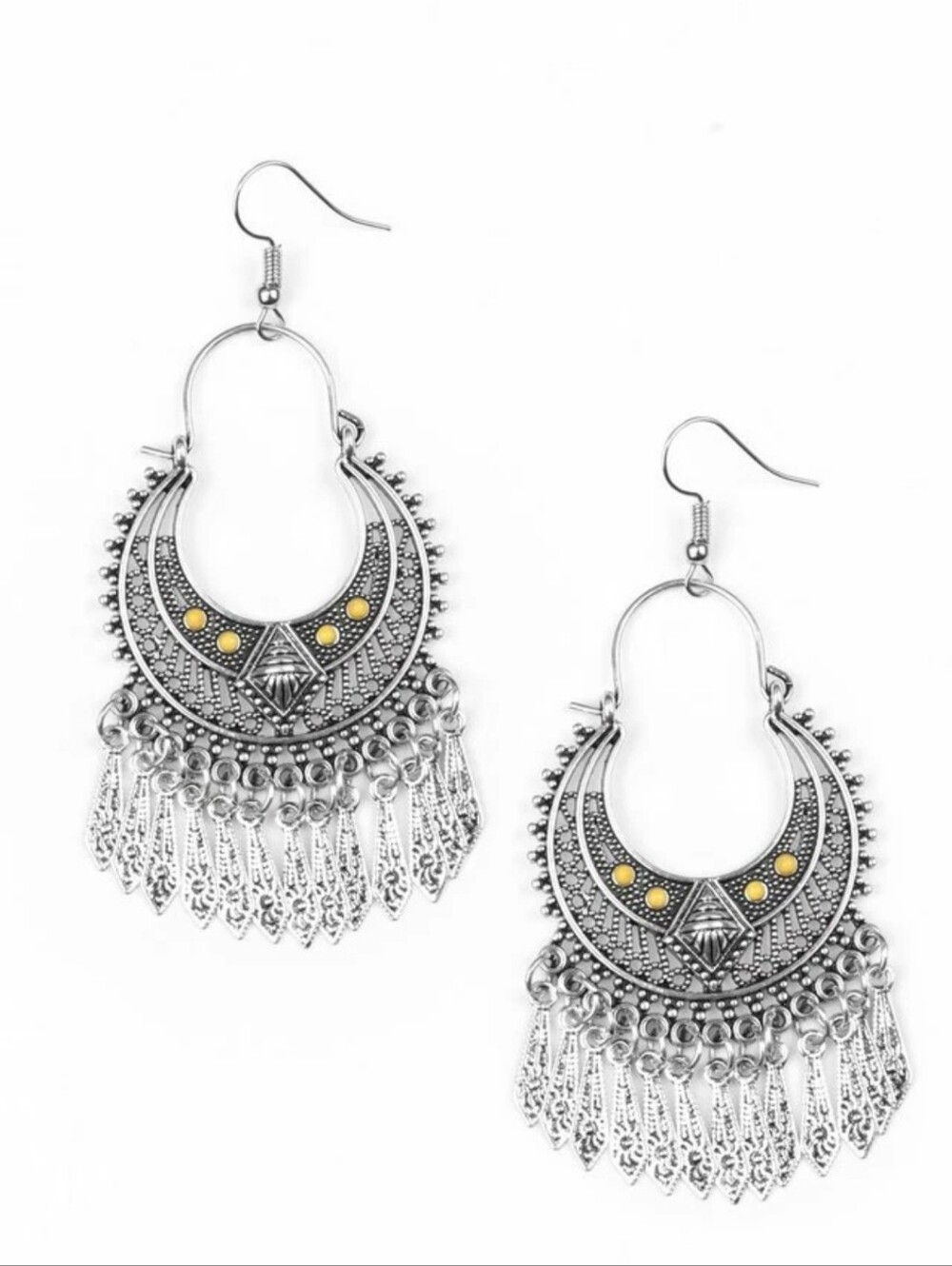 ​Paparazzi Silver Boho Crescent Fringe Statement Earrings Yellow Accents - Picture 2 of 11